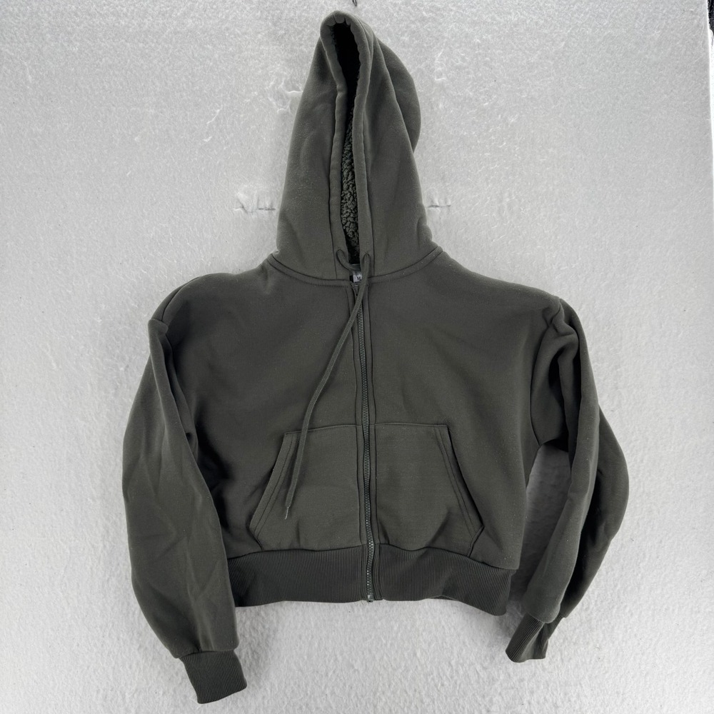 Orange Kiss - Hoodie Cropped Sherpa Lined Zip Up - Olive Green - M - Womens